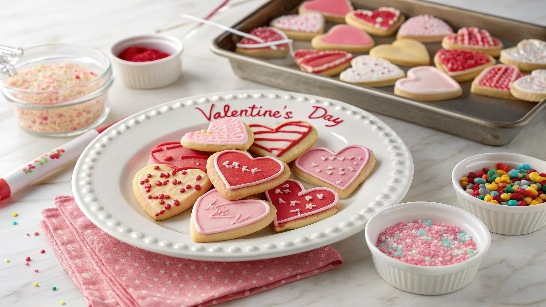 A plate of heart-shaped Valentine’s Day cookies decorated with pink, red, and white icing, featuring sprinkles and romantic messages.