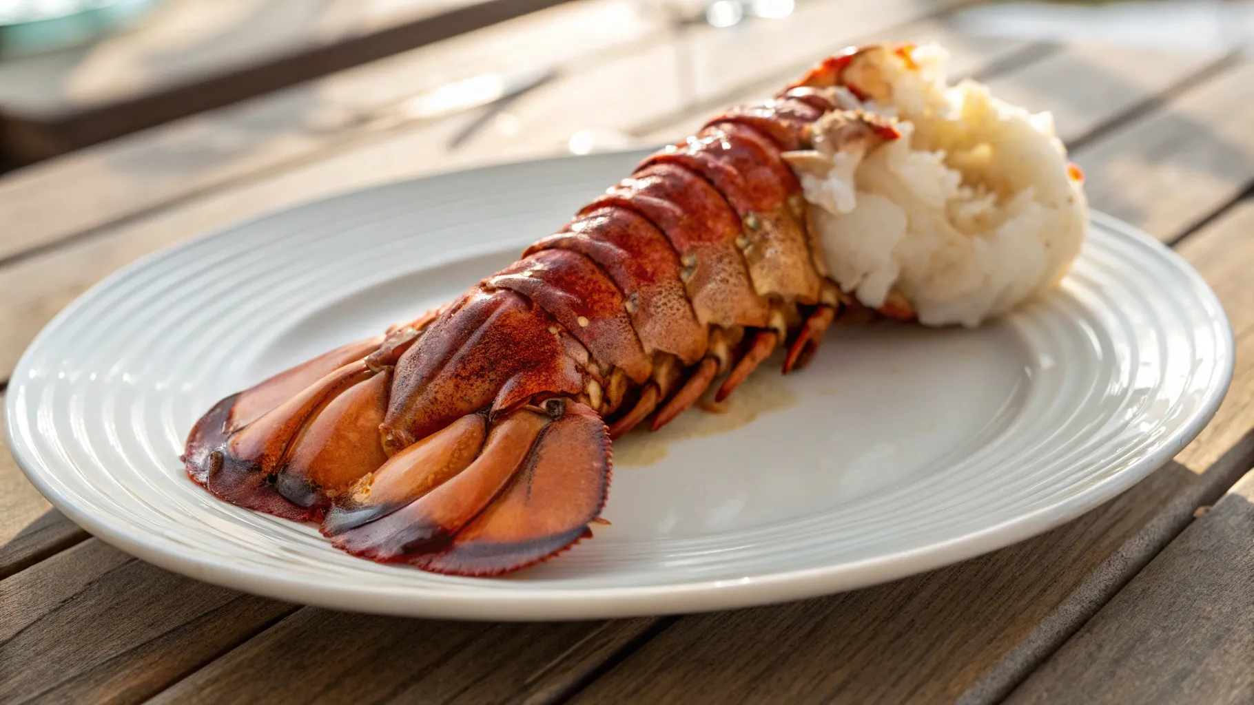 A freshly caught, glistening lobster tail resting on a white ceramic plate, framed by a wooden table surface. The lobster's vibrant colors and firm texture evoke its just-out-of-the-water freshness. Soft, natural lighting from the side casts subtle shadows, highlighting the intricate segmented shell and tender, succulent meat within. The image is captured at a close, intimate angle, allowing the viewer to appreciate the luxurious, premium quality of this premium seafood delicacy.