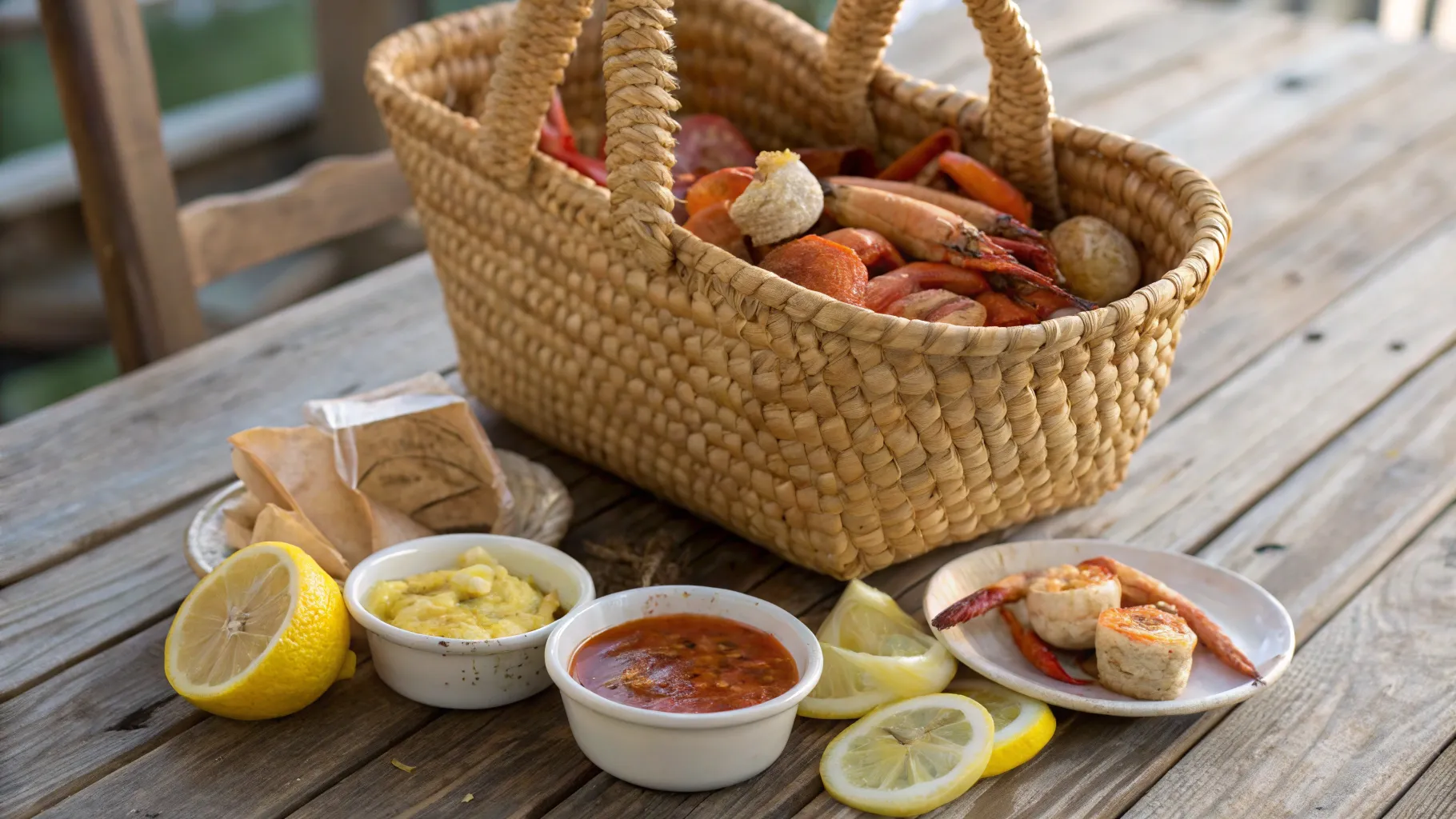 A woven straw seafood boil bag sits on a rustic wooden table, its contents spilling out invitingly. The bag is filled with an array of fresh seafood - plump shrimp, juicy crab legs, and succulent clams. Seasoned with a blend of aromatic cajun spices, the seafood glistens under the warm, natural lighting. On the table, alongside the bag, are lemon wedges, drawn butter, and a selection of dipping sauces, ready to complement the flavorful feast. The scene evokes the spirit of a seaside celebration, with the scent of the sea and the promise of a delicious, hands-on dining experience.