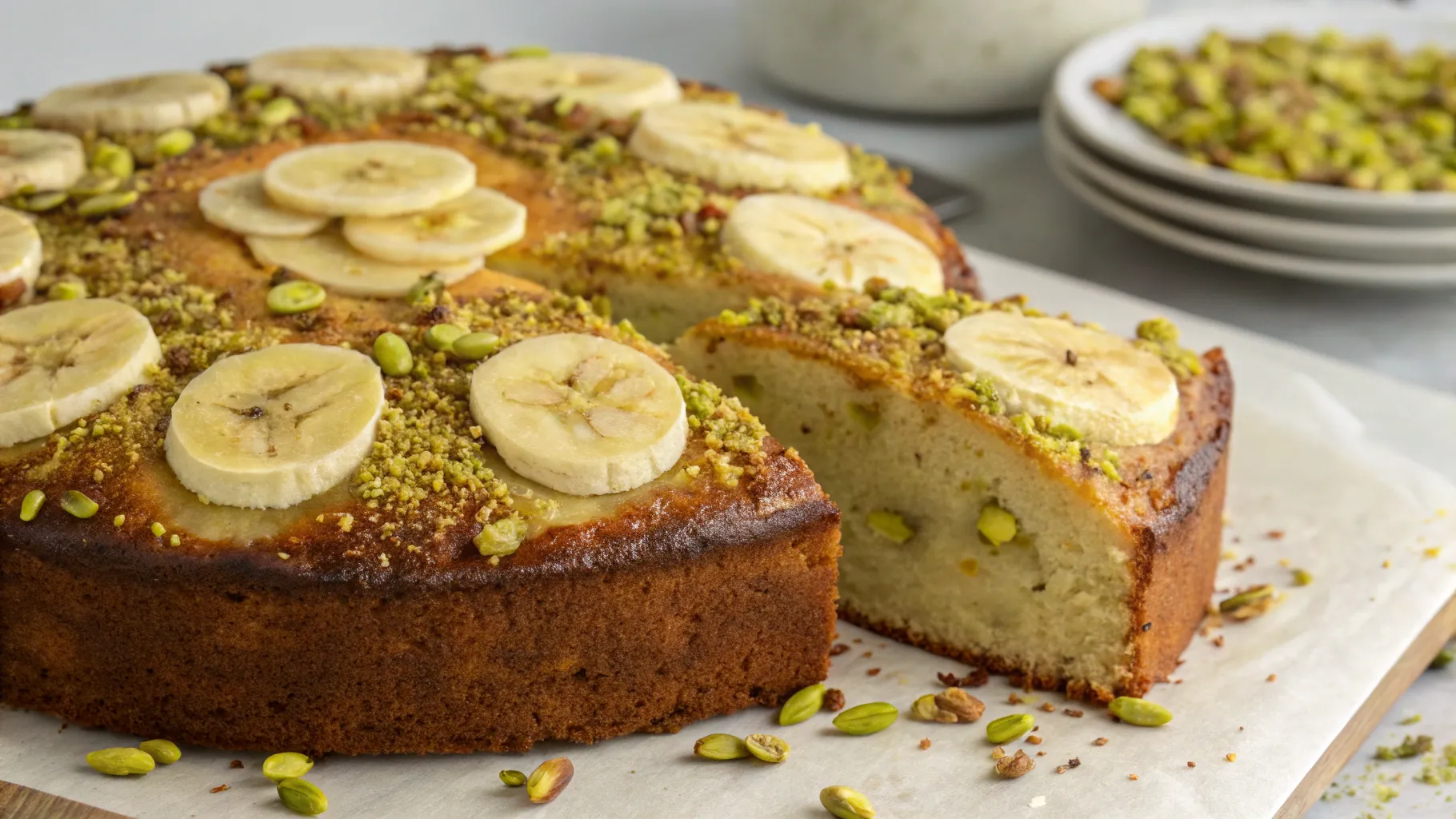 Homemade banana pistachio cake with a moist texture, topped with crushed pistachios and a golden-brown crust.