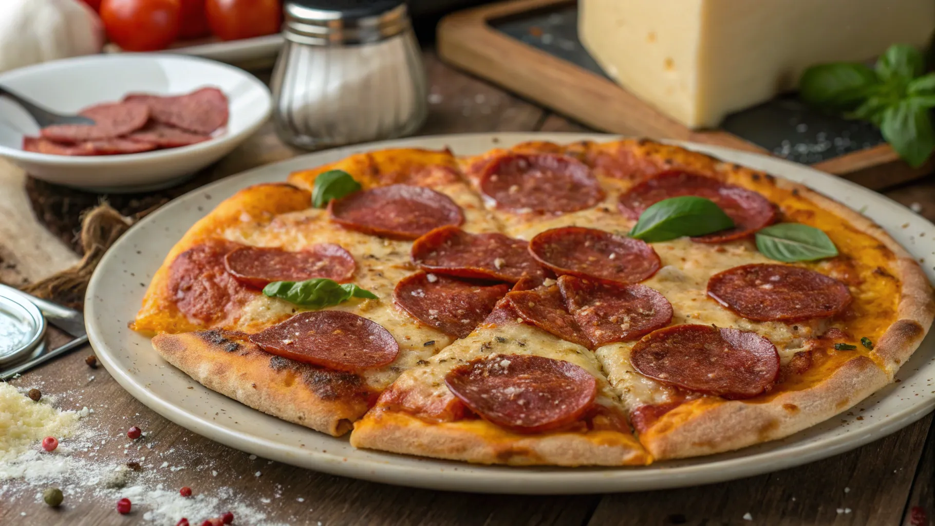 A delicious beef pepperoni pizza with a crispy crust, topped with melted cheese and generous slices of spicy beef pepperoni, fresh out of the oven. Perfectly golden and ready to serve for any pizza lover.