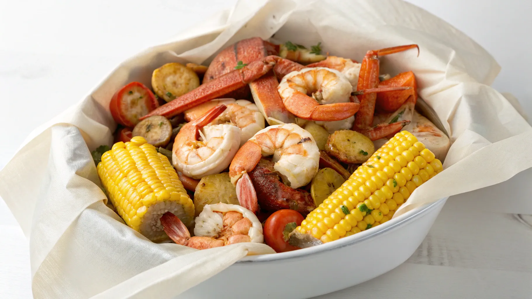 Delicious seafood boil bag with shrimp, crab, corn, and potatoes.