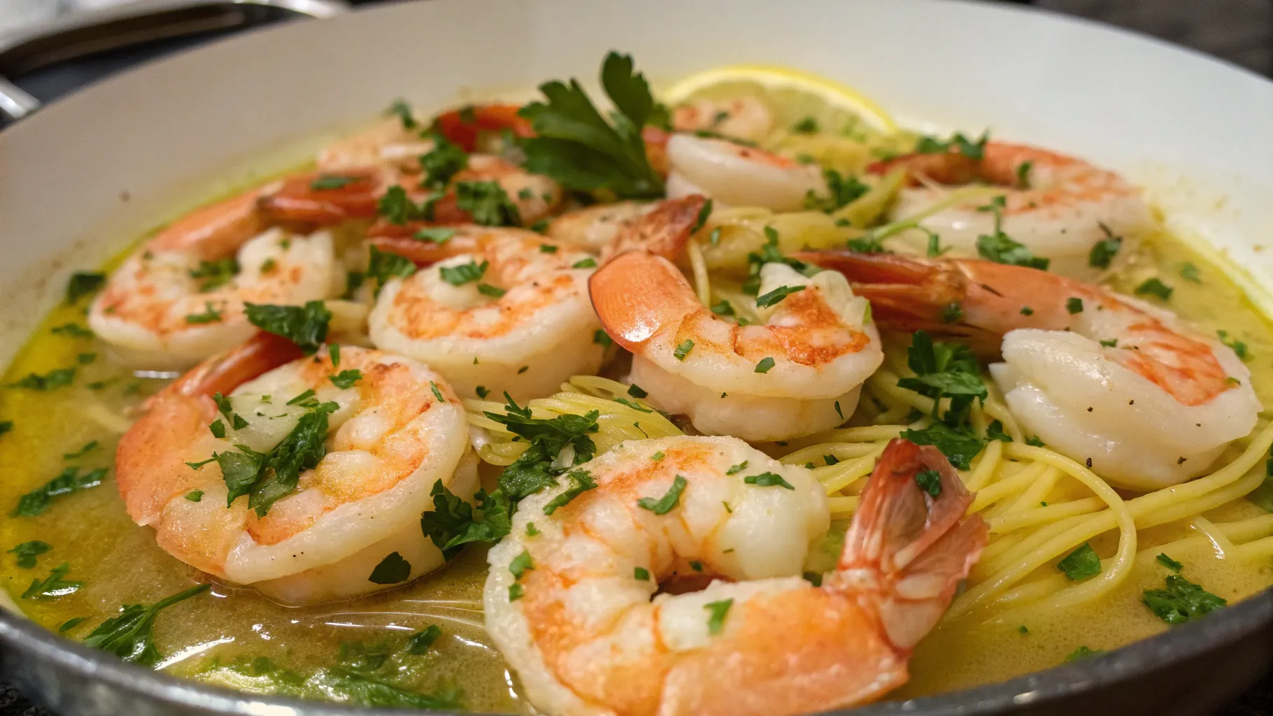 A plate of shrimp scampi with succulent shrimp, garlic butter sauce, and linguine pasta garnished with fresh parsley and lemon wedges.