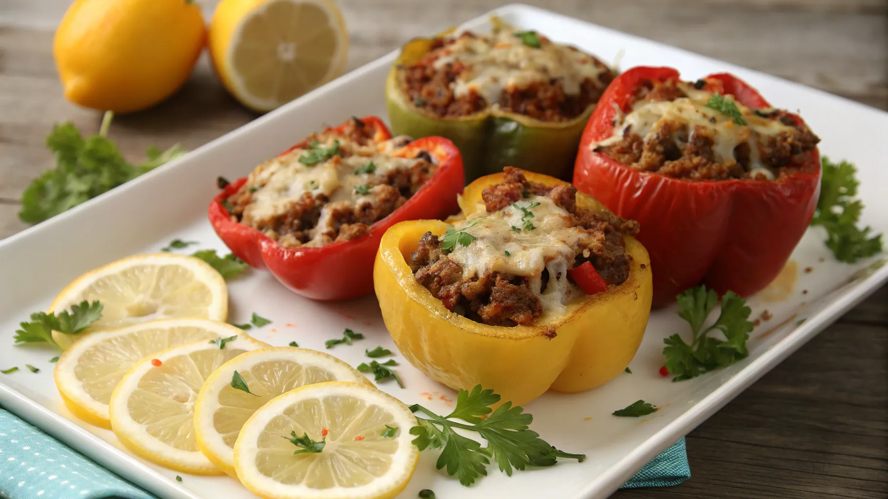 Colorful stuffed bell peppers filled with a delicious mixture of rice, ground meat, and vegetables, baked to perfection.