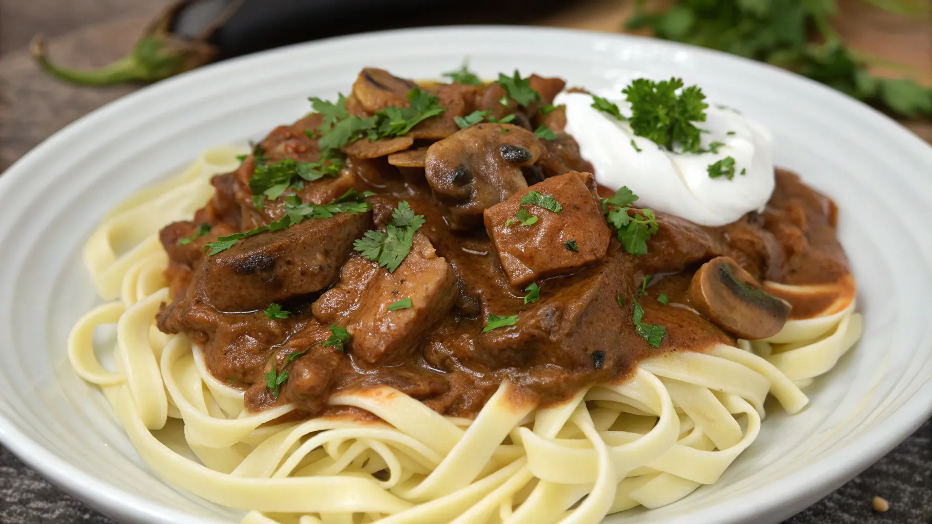 A creamy vegan beef stroganoff served over a bed of pasta, garnished with fresh parsley.