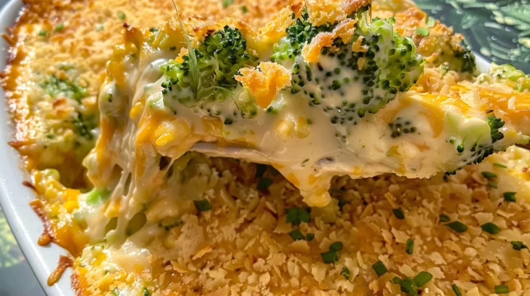 Close-up of a creamy Cheddar Broccoli Cheese Casserole with a golden, crispy topping being served from a baking dish.