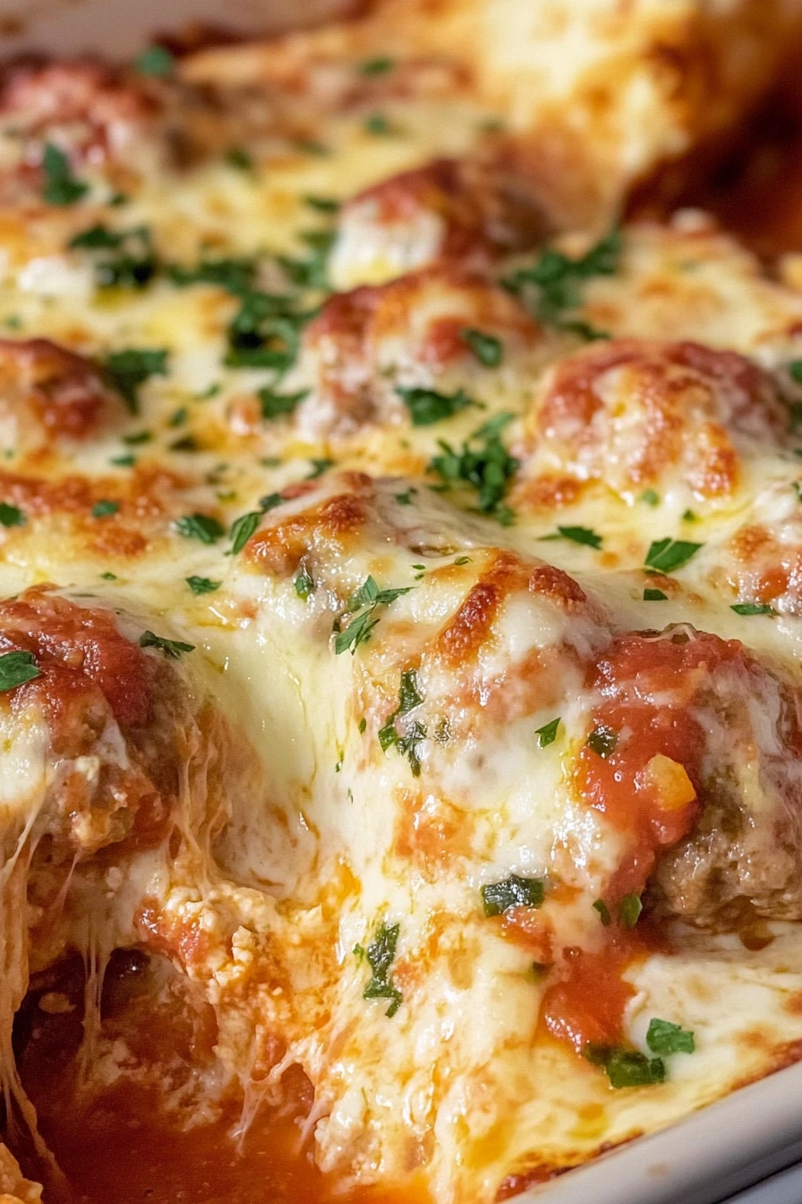 Hot-and-Cheesy-meatball-al-forno-baked Close-up of oven-baked Meatball Al Forno aka Meatball Bake with melted cheese and tomato sauce