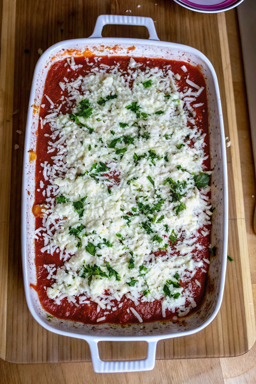 Meatball-Al-Forno-aka-Meatball-Bake-Assembly-and-Baking Layering Meatball Al Forno aka Meatball Bake with tomato sauce, meatballs, and shredded cheese in a baking dish