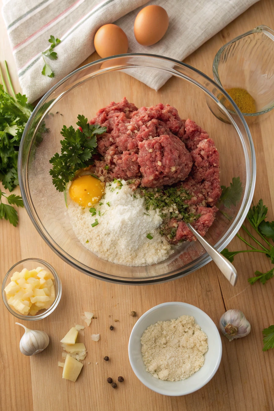 Meatball-Al-Forno-aka-Meatball-Bake-ingredients Ingredients for Meatball Al Forno aka Meatball Bake including ground meat, herbs, cheese, breadcrumbs, and tomato sauce
