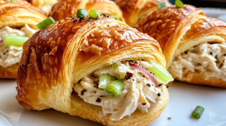 A platter of golden, flaky mini croissant sandwiches filled with layers of lettuce, sliced turkey, cheese, and tomato, garnished with fresh herbs on a wooden serving board.