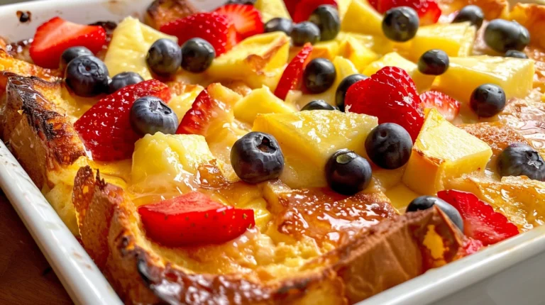 A golden brown French toast bake bubbling in a baking dish, topped with fresh berries and powdered sugar.