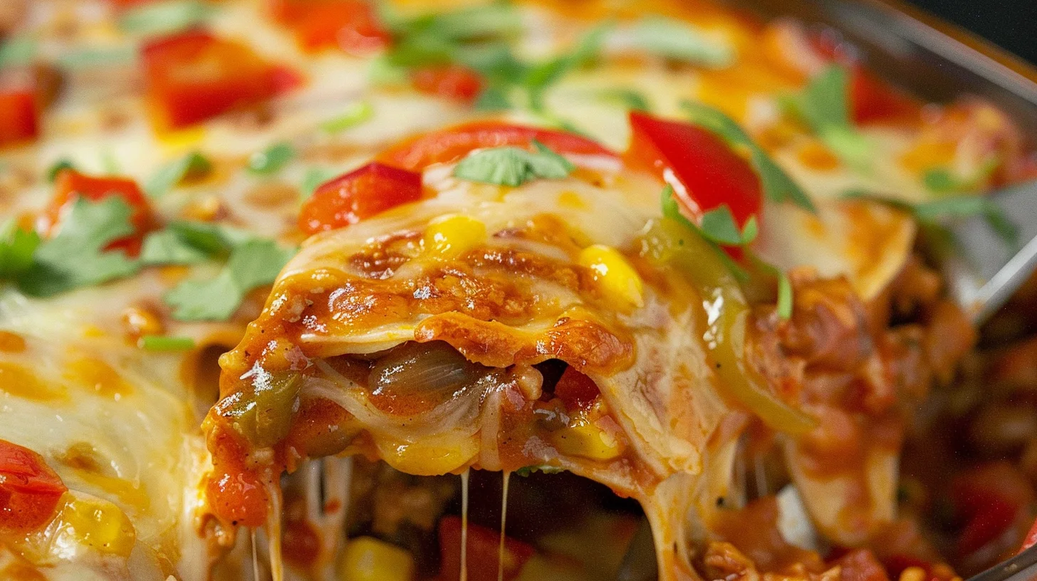 Close-up of a cheesy frozen burrito casserole with melted cheese, corn, bell peppers, and fresh cilantro on top.