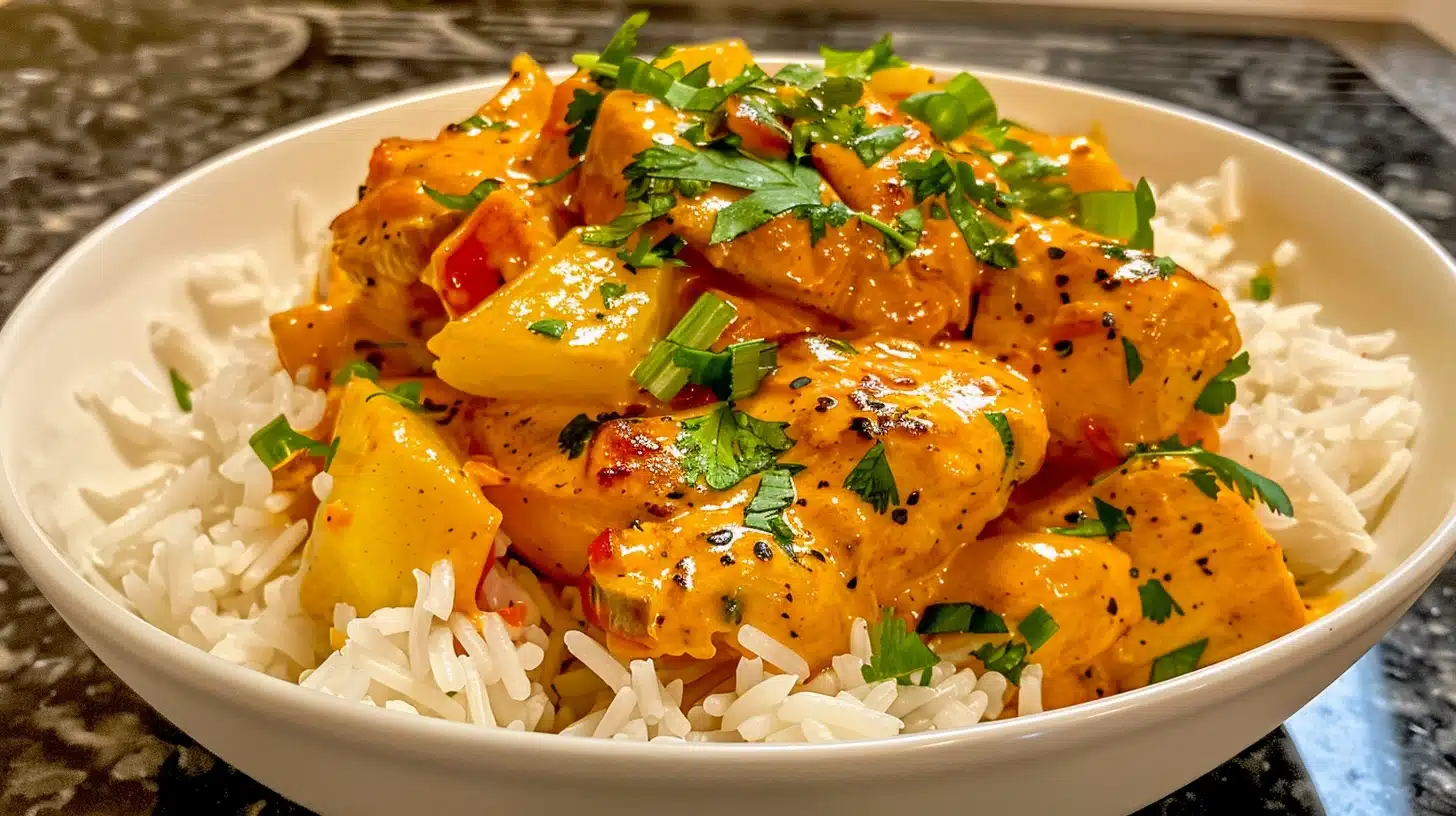 Shredded Hawaiian crockpot chicken in a bowl, garnished with pineapple chunks and green onions.