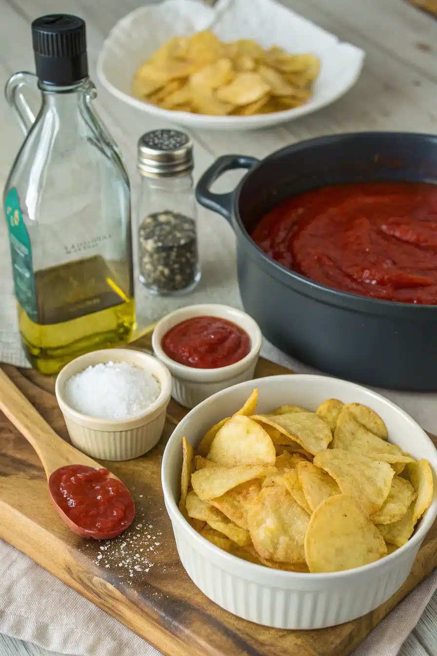 ketchup-chips-and-dip-ingredients. Ketchup chips and dip snack setup for movie night at home