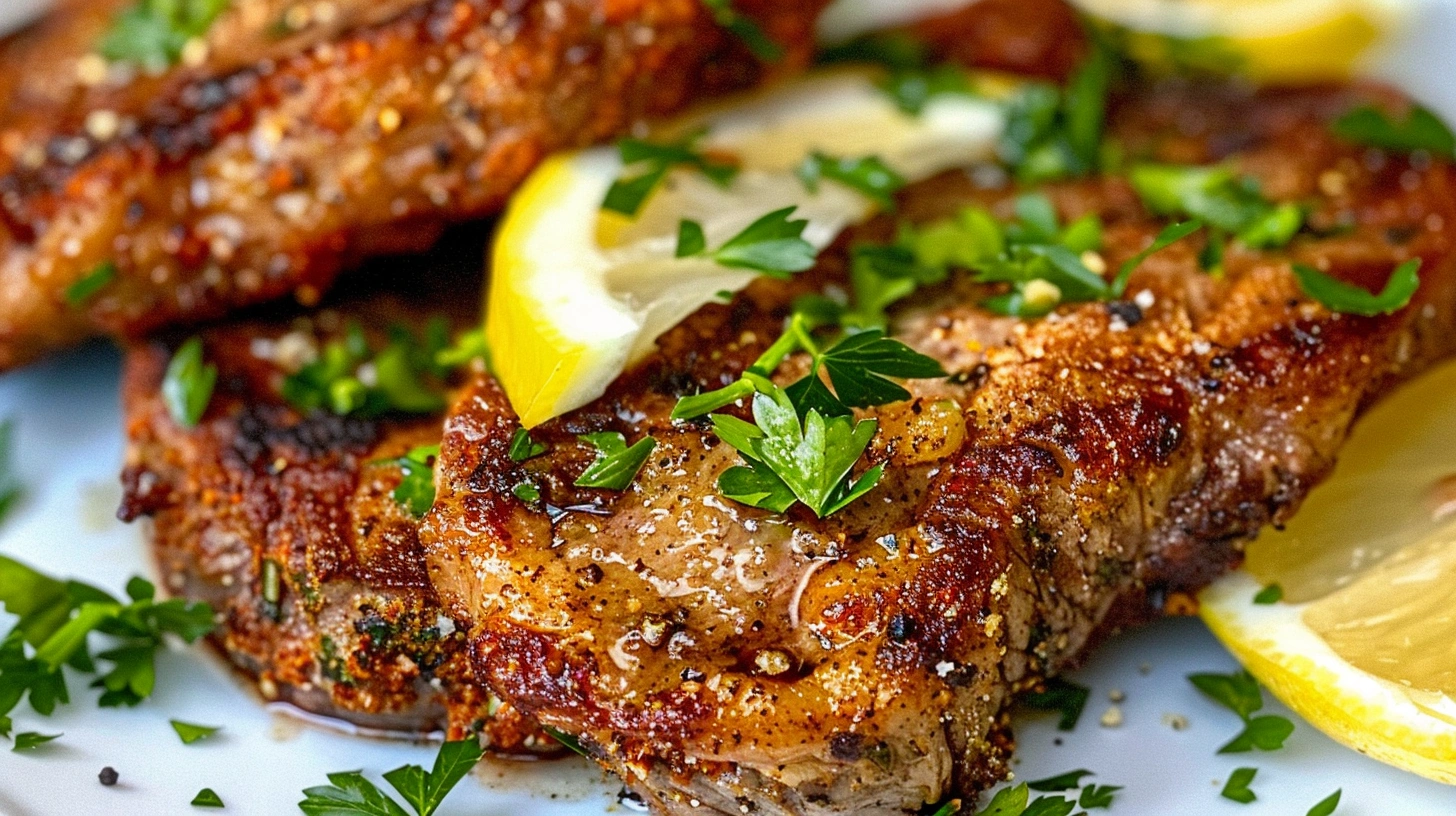 Grilled milanesa-style steak without breading, served with herbs and lemon slices.
