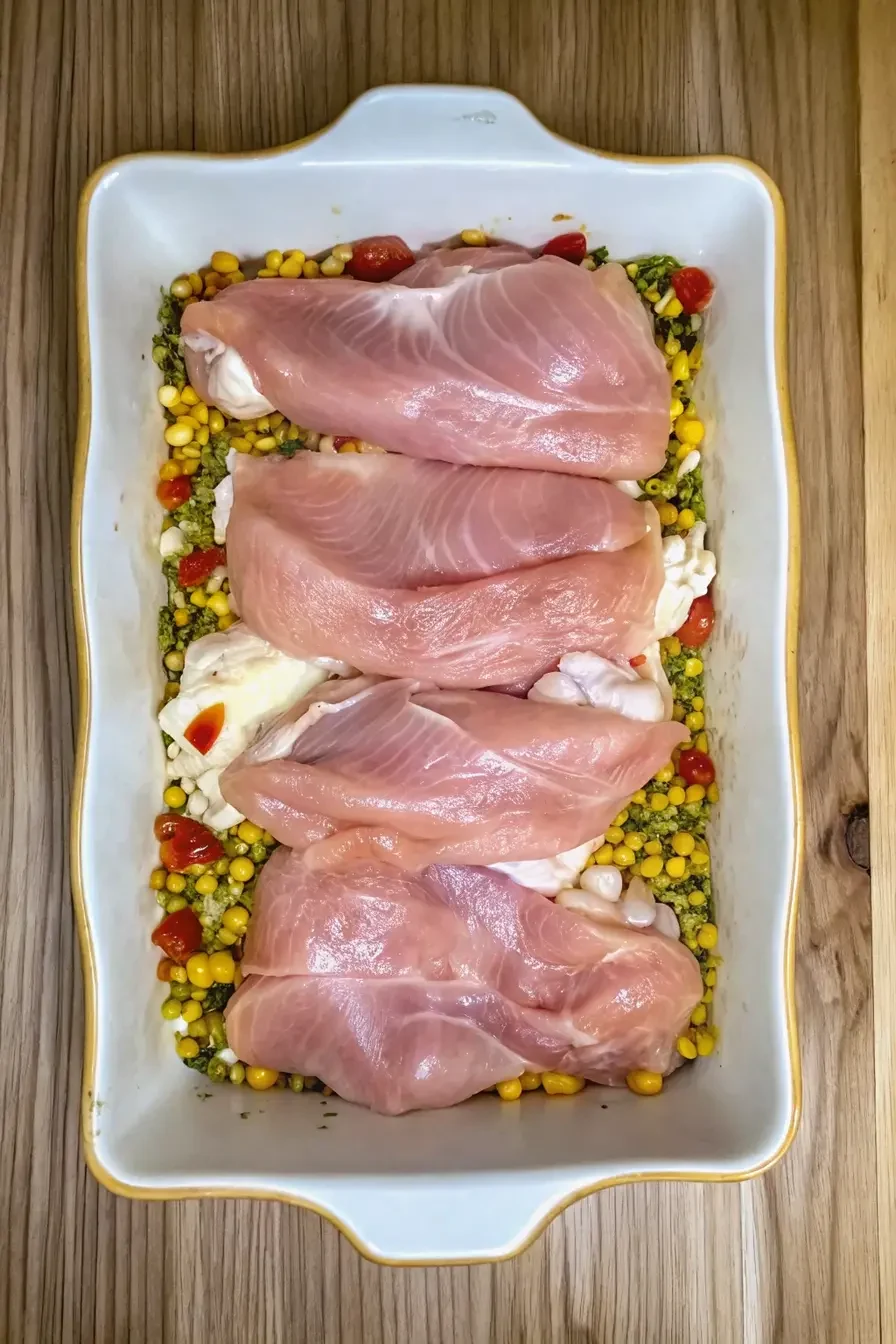 preparing-stick-of-butter-corny-crack-chicken Stick of Butter Corny Crack Chicken preparation with raw chicken breasts, corn, and creamy sauce in a baking dish.