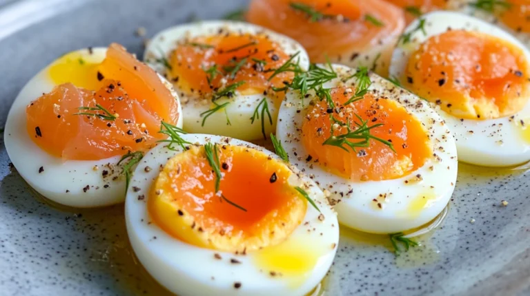 Deviled eggs topped with smoked salmon and fresh dill on a white platter, garnished with lemon wedges and capers.