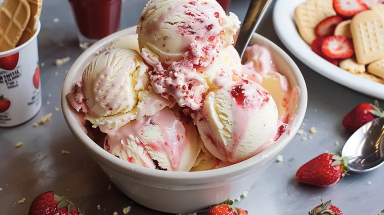 A scoop of strawberry shortcake ice cream topped with fresh strawberries and crumbled shortcake, served in a bowl.