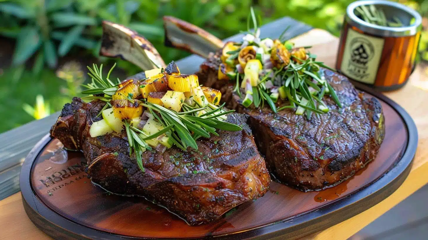 Grilled tomahawk steaks topped with roasted vegetables and fresh rosemary, served on a wooden platter outdoors.