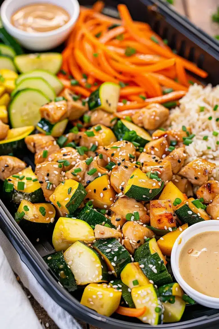 Air fryer hibachi meal prep, chicken, vegetables, and fried rice in meal prep containers