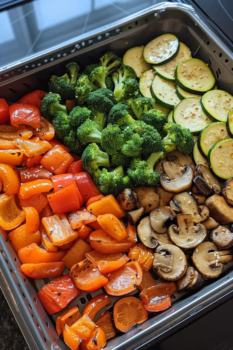 Air-fryer-hibachi-meal-prep-Vegetables Air fryer hibachi meal prep vegetables including zucchini, onions, and bell peppers in a meal prep container