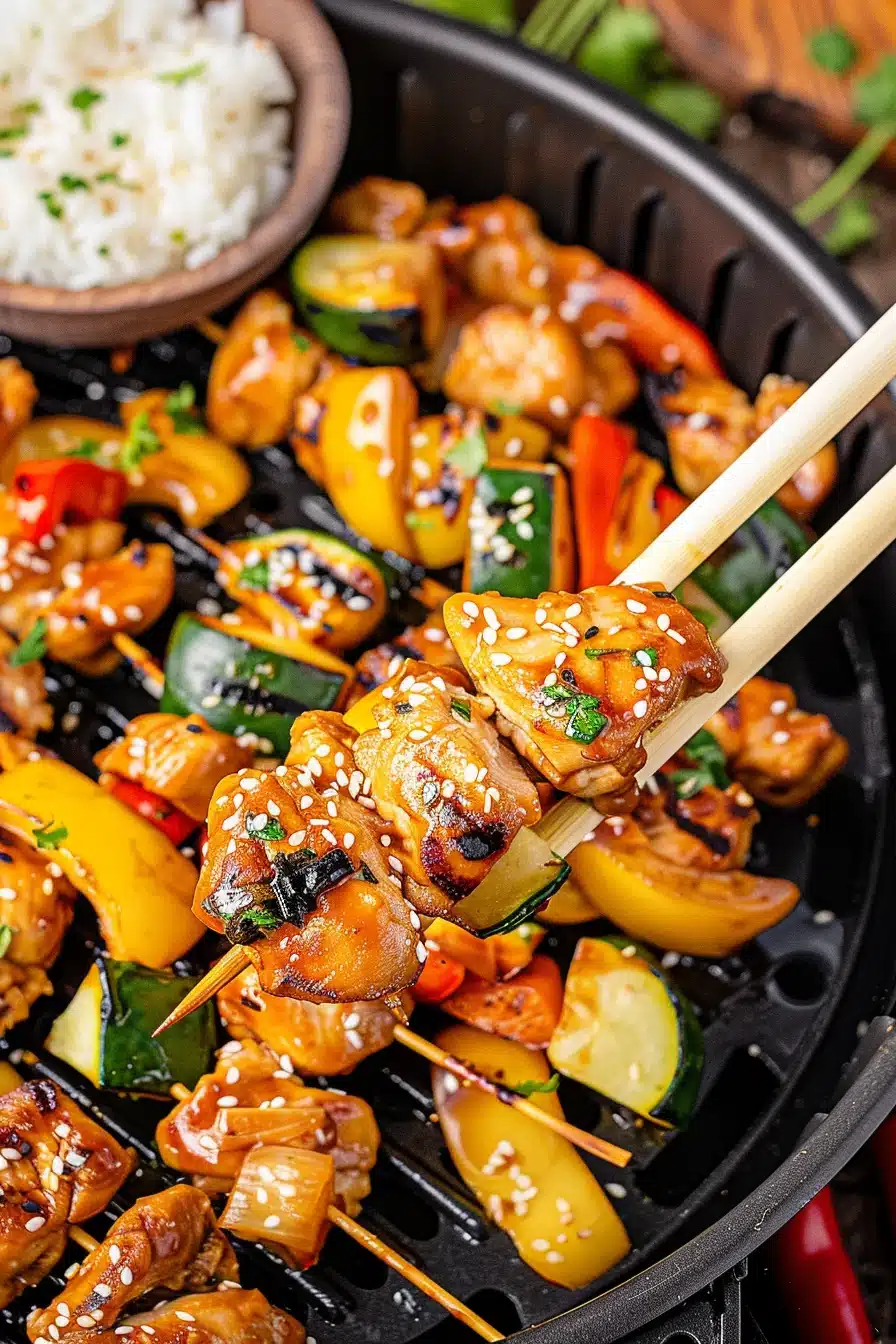 Air-fryer-hibachi-meal-prep-chicken Air fryer hibachi meal prep chicken served with fried rice and vegetables in a meal prep container