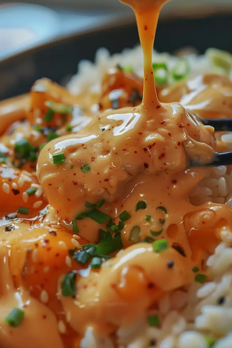 Air-fryer-hibachi-meal-prep-sauce Air fryer hibachi meal prep sauce in a small bowl with spoon, perfect for drizzling over chicken, rice, and vegetables