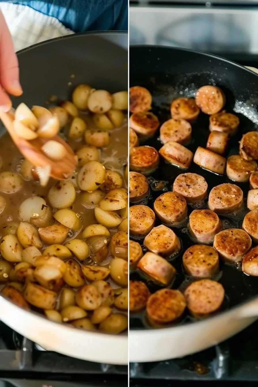 How-to-Make-one-pot-Sausage-and-Rice(1) Cooking steps for One Pot Sausage and Rice showing halved baby potatoes simmering in broth and sausage slices browning in a skillet to build rich flavor.
