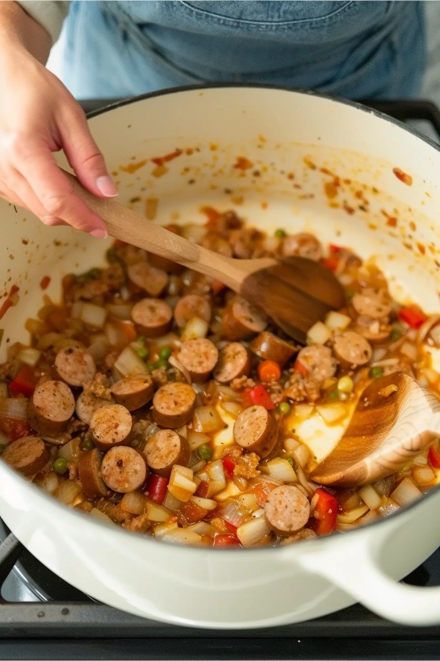 How-to-Make-one-pot-Sausage-and-Rice(2) Person stirring sausage, diced vegetables, and seasonings in a large white pot on a stovetop during the preparation of one pot sausage and rice
Person stirring sausage, diced vegetables, and seasonings in a large white pot on a stovetop during the preparation of one pot sausage and rice.
