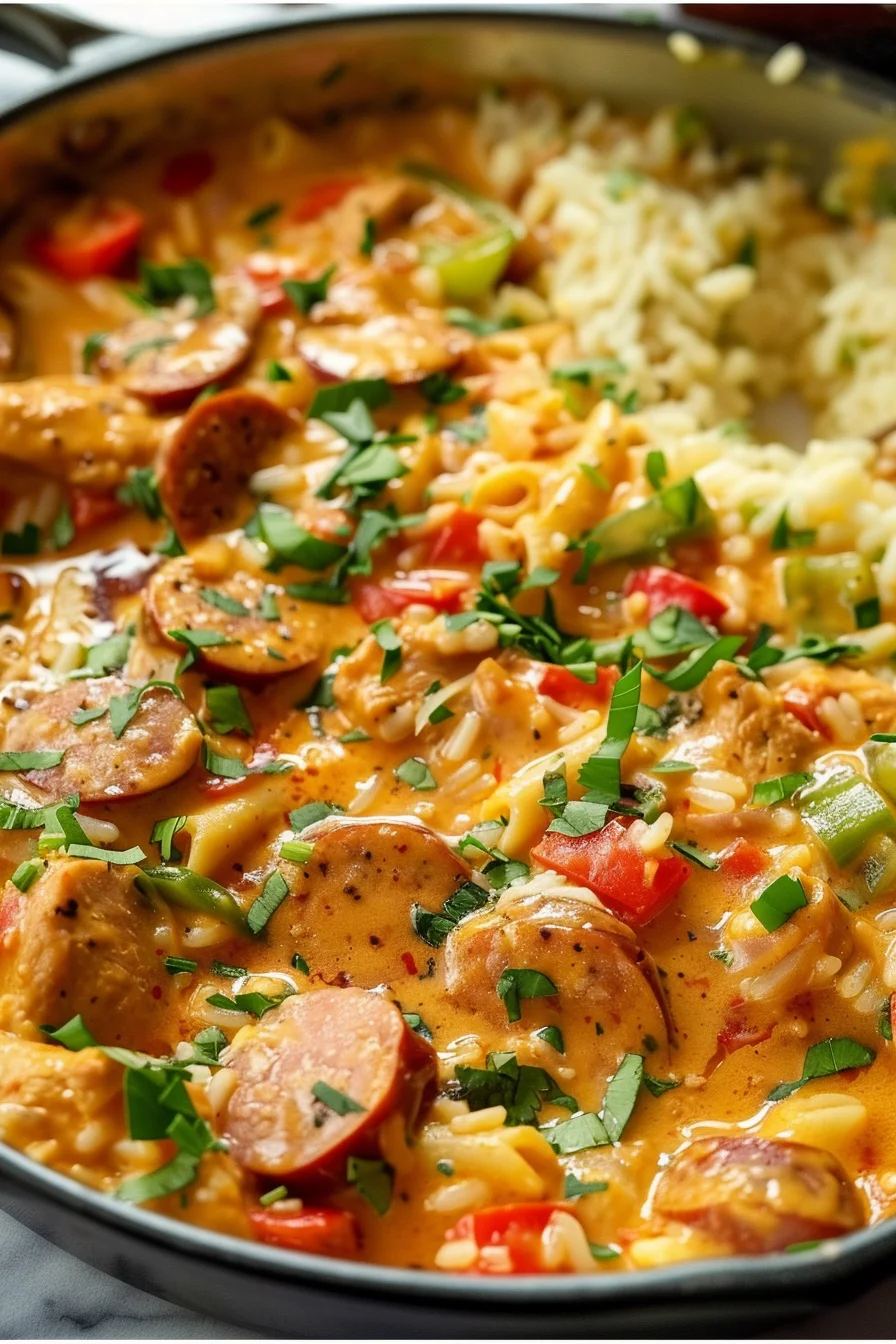 How-to-Make-one-pot-Sausage-and-Rice(3) Simmered One Pot Sausage and Rice with creamy sauce, colorful bell peppers, and fresh herbs in a skillet.