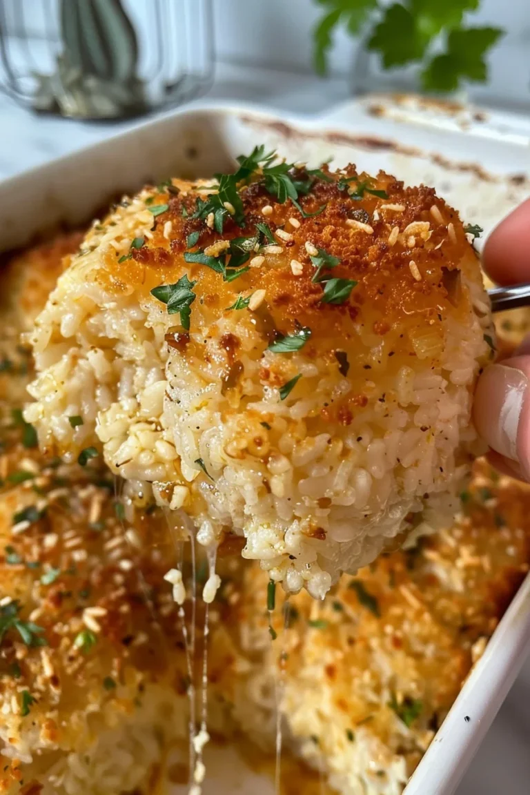 Italian rice ball bake with golden crispy topping in a casserole