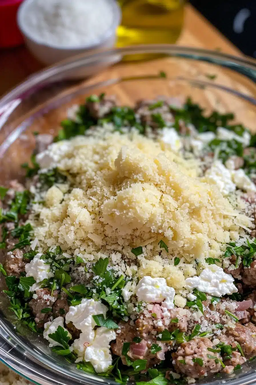 bake-and-brown-meatballs-3 Ingredients to bake and brown meatballs including ground meat, parsley, parmesan, and ricotta in a glass bowl