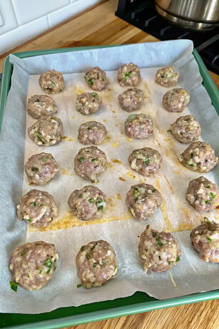 bake-and-brown-meatballs-5 Bake and brown meatballs prepared raw on a parchment-lined tray for oven cooking