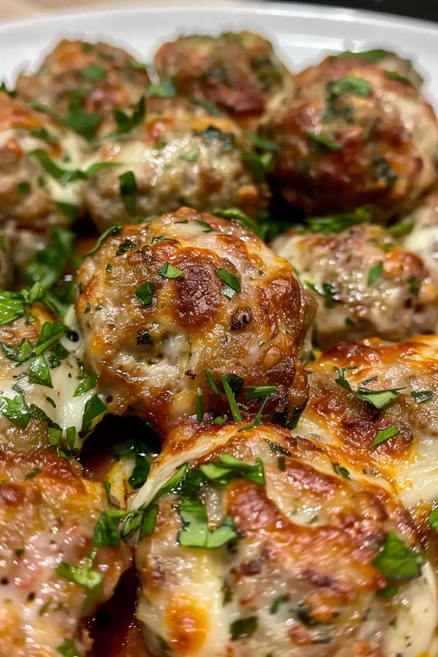 Close-up of bake and brown meatballs in a tray