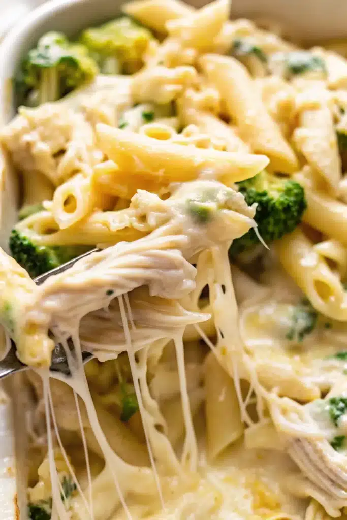 Chicken and Broccoli Alfredo Bake casserole overhead view