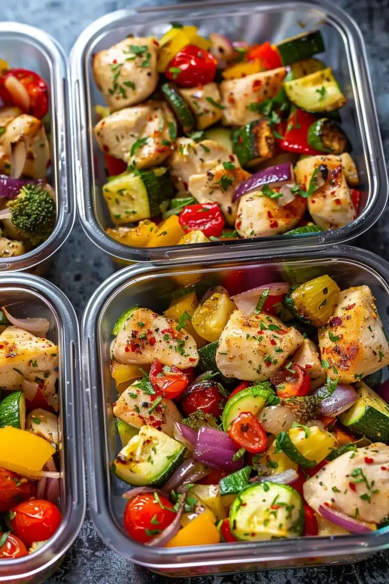 Chicken and veggie meal prep containers filled with healthy, pre-portioned meals.