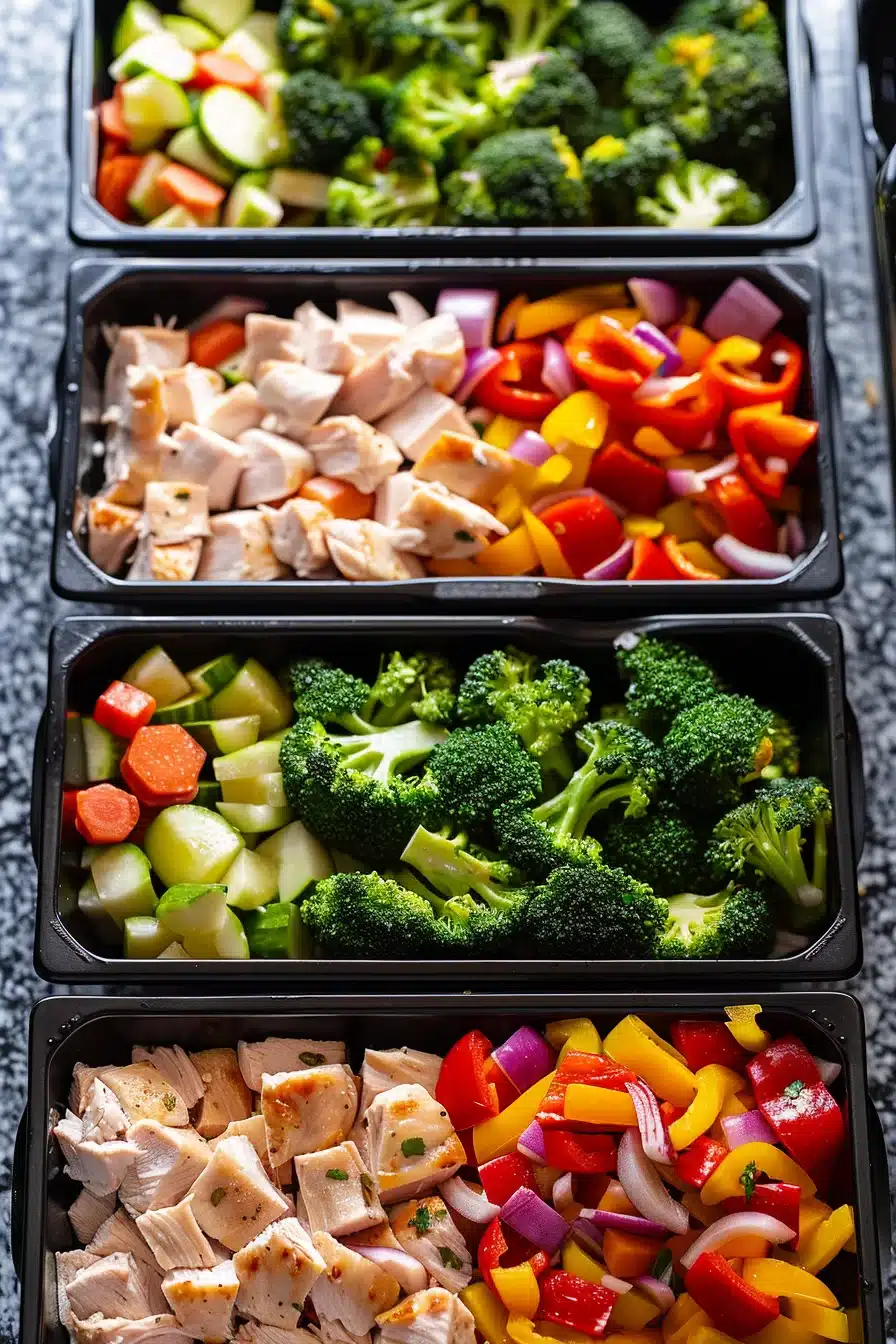 chicken-veggie-meal-prep-2 Raw chicken breasts, broccoli florets, carrots, and bell peppers, the ingredients for Chicken and veggie meal prep.