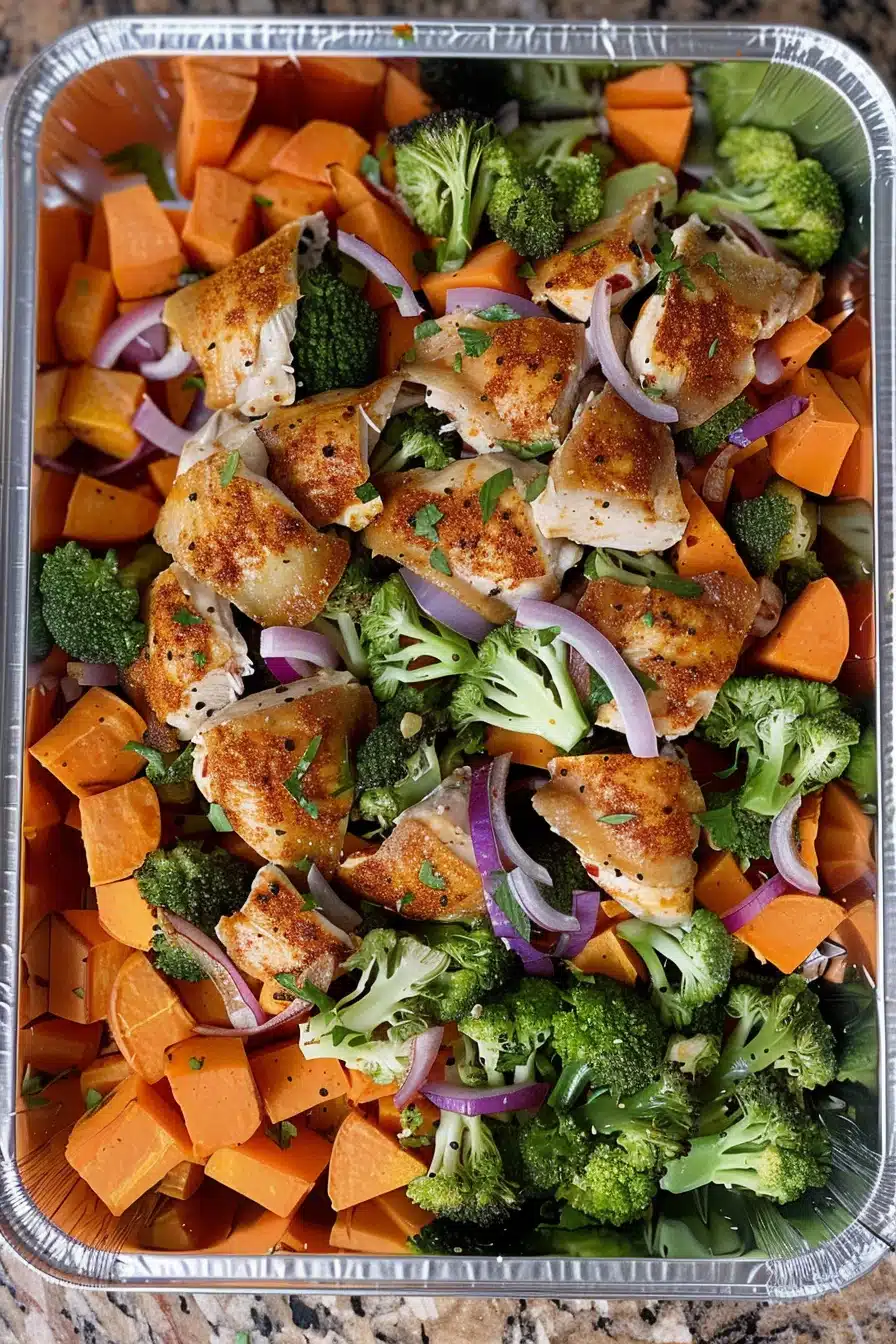 chicken-veggie-meal-prep-3 Cooked Chicken and veggie meal prep containers.