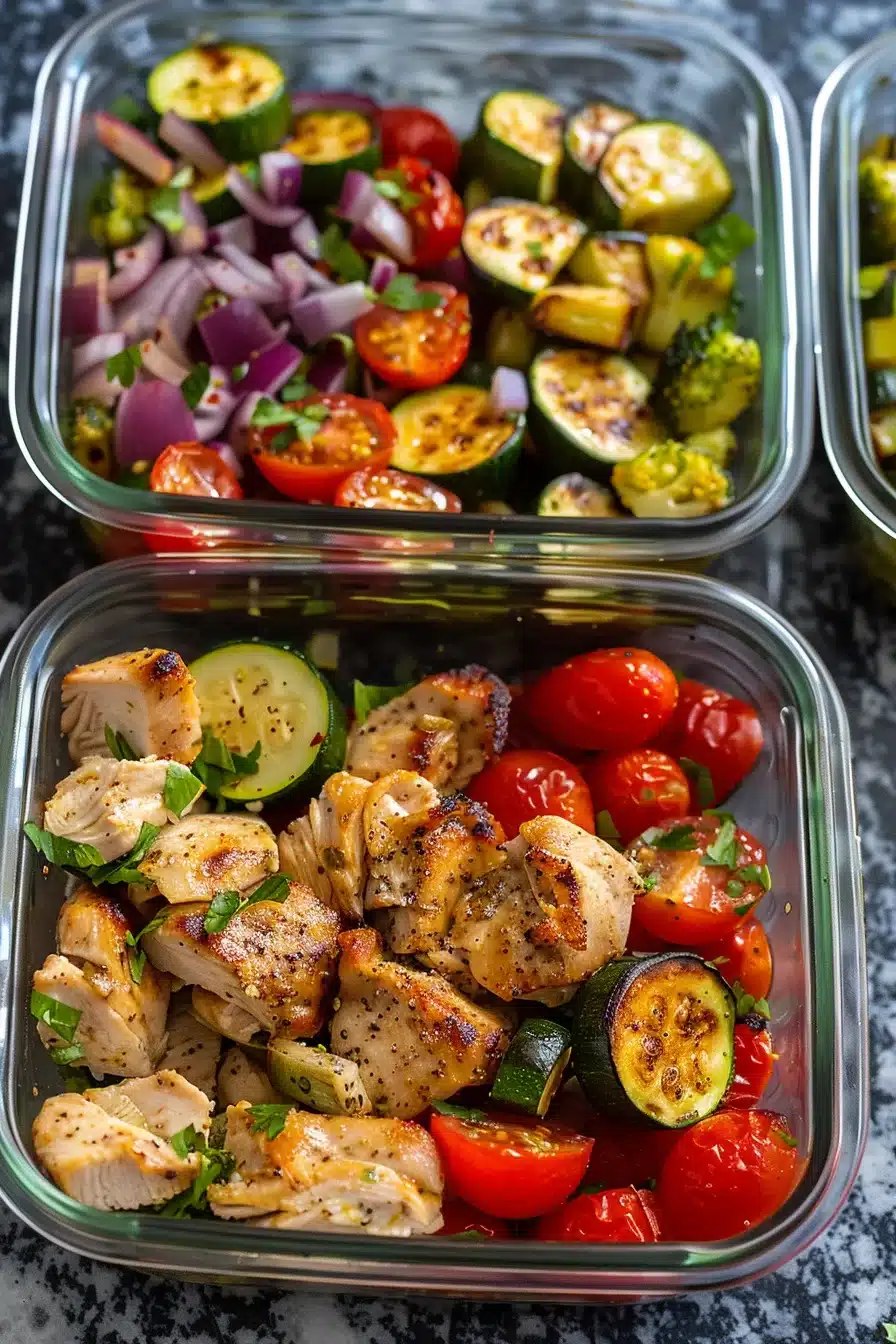 chicken-veggie-meal-prep-4 Several prepared Chicken and veggie meal prep containers ready for the week.Several prepared chicken and vegetable meal prep containers ready for the week.