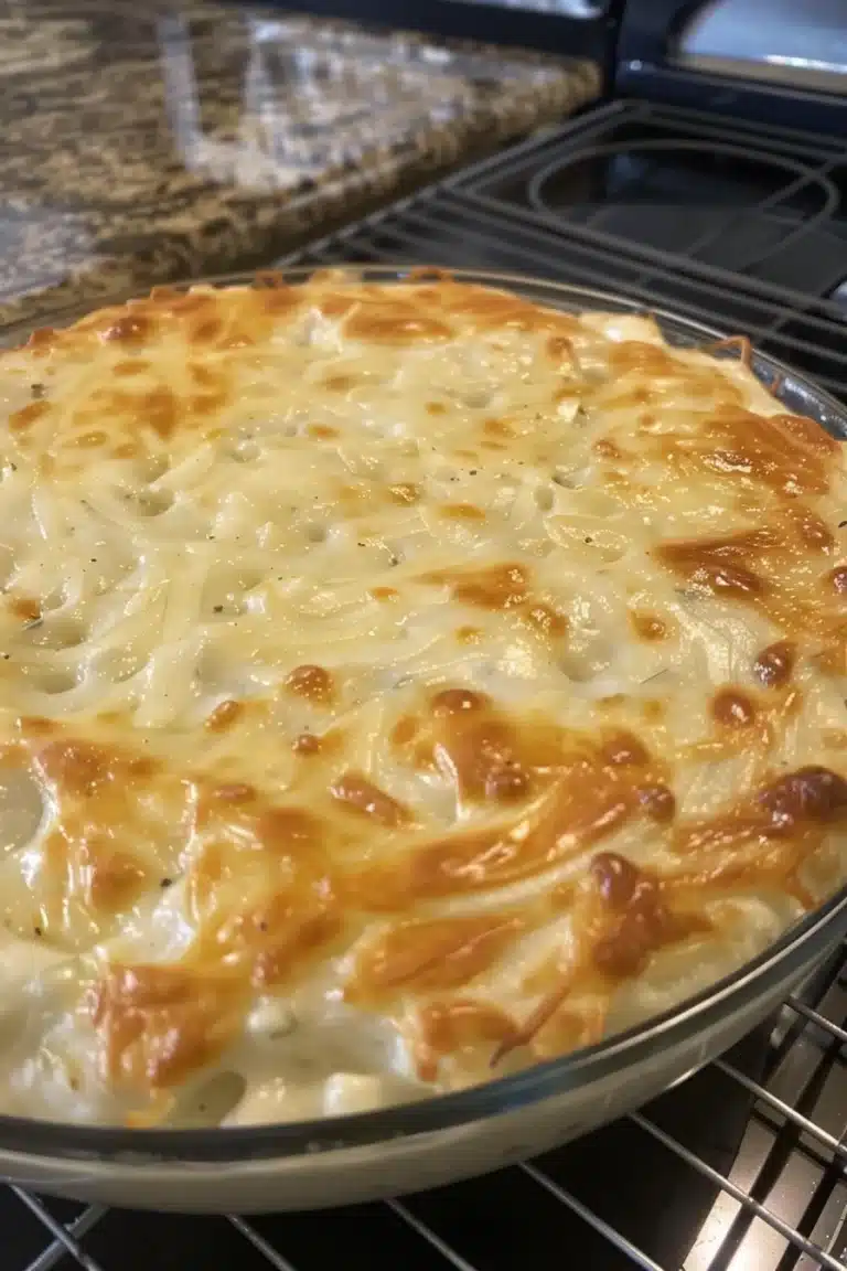 Hot onion dip fresh from oven with bubbling cheese and sides