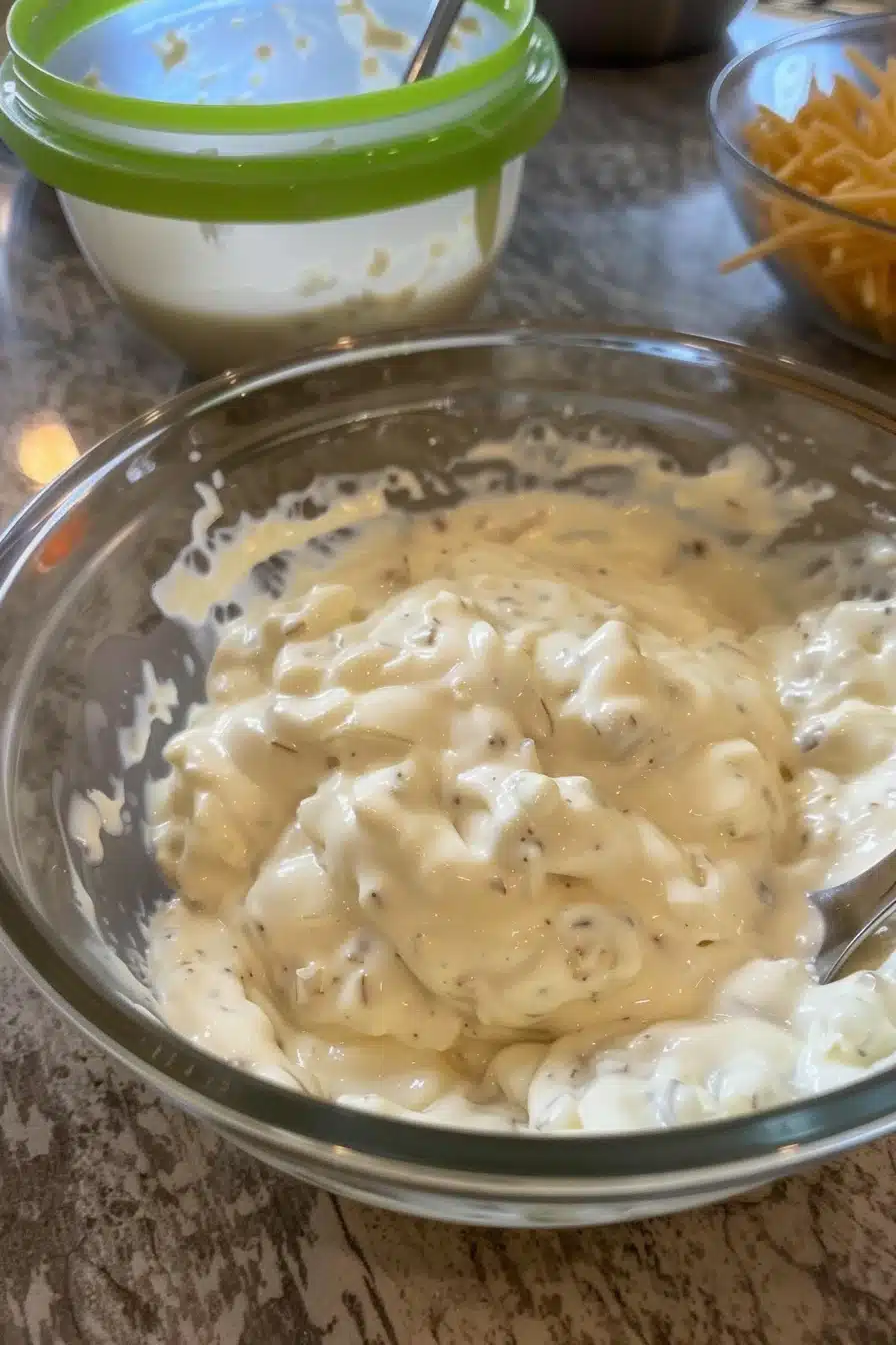 hot-onion-dip-3 Chopped onions, grated cheese, cream cheese, and mayonnaise prepped for hot onion dip