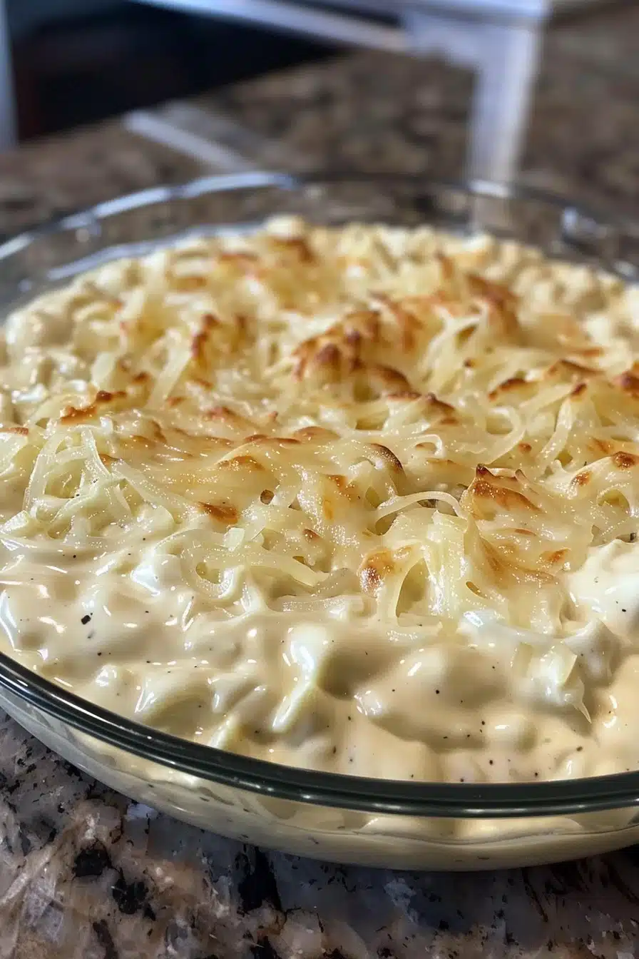 hot-onion-dip-6 Hot onion dip in a glass dish with melted golden cheese topping