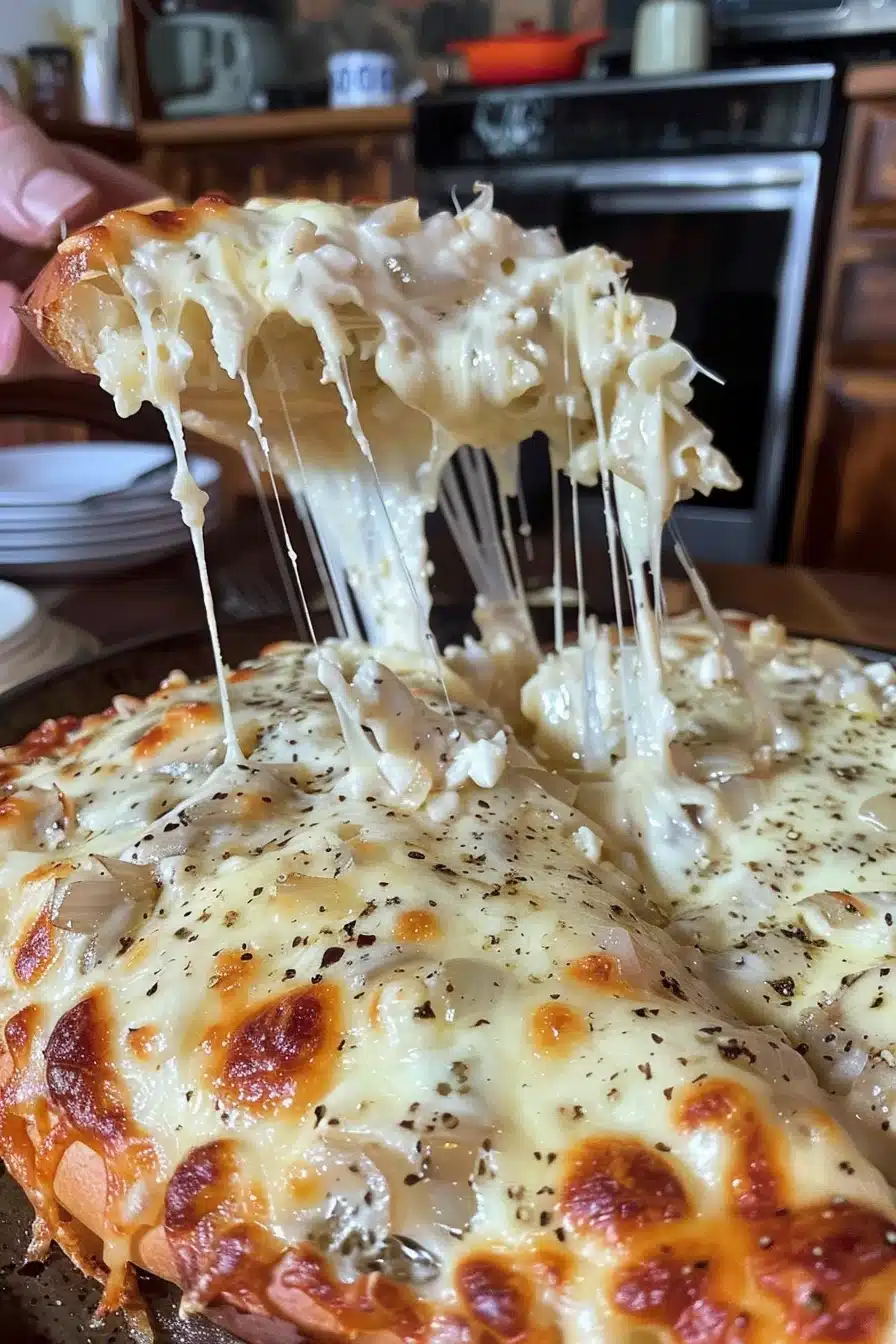 hot-onion-dip-7 Hot onion dip baked in a bread bowl with crispy cheese on top