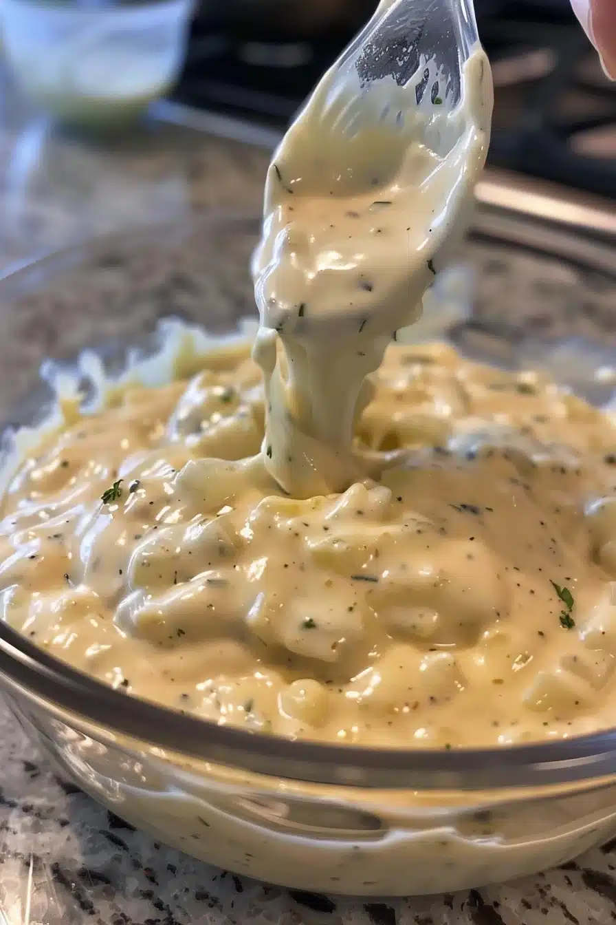 hot-onion-dip-8 Mixing hot onion dip ingredients in a large glass bowl with a wooden spoon