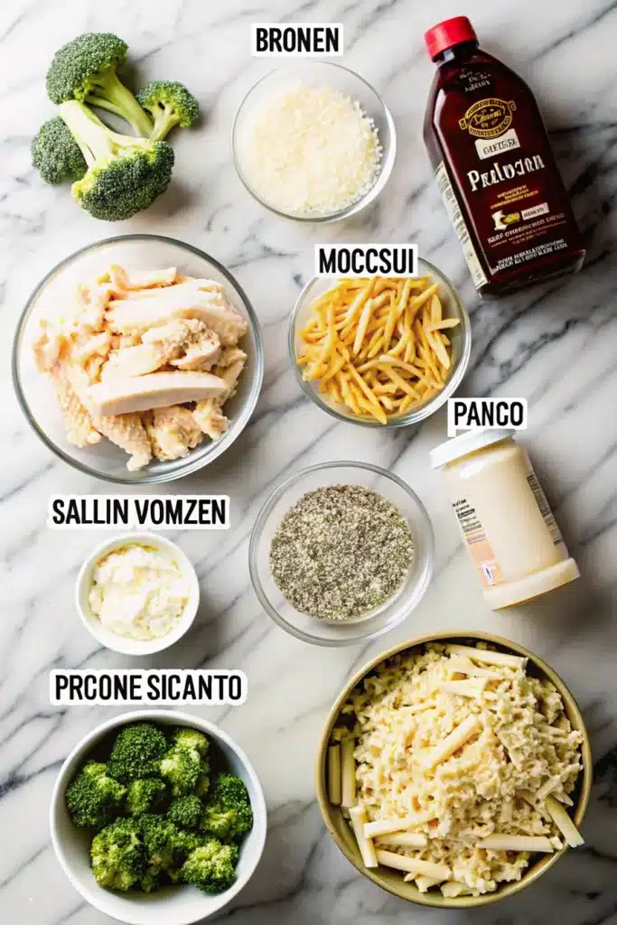 Ingredients for Chicken and Broccoli Alfredo Bake