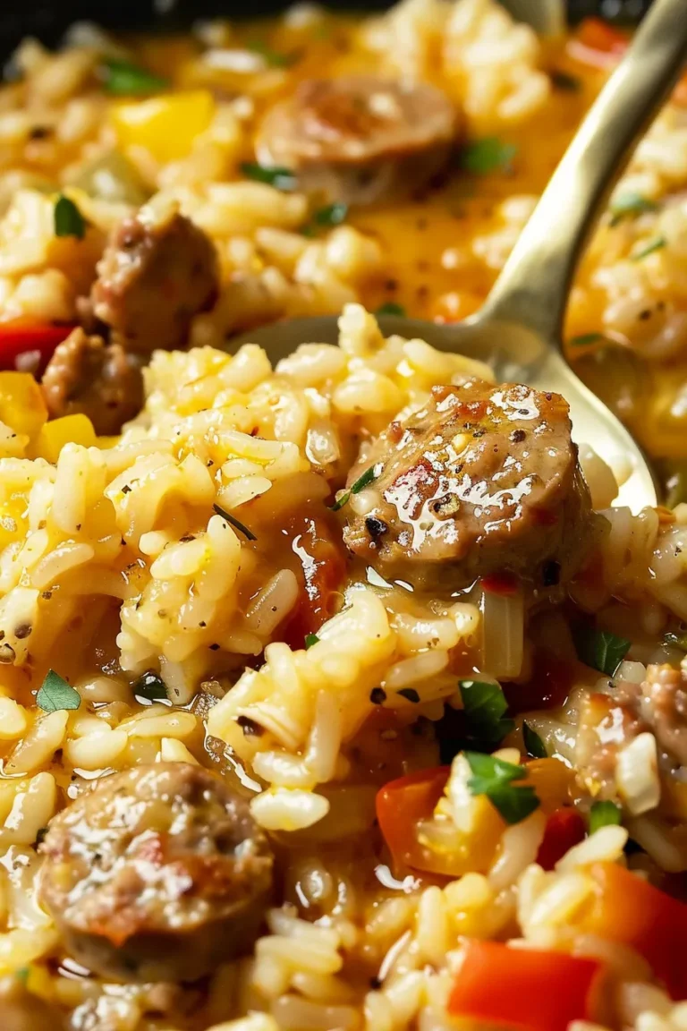 One pot sausage and rice in skillet on kitchen counter
