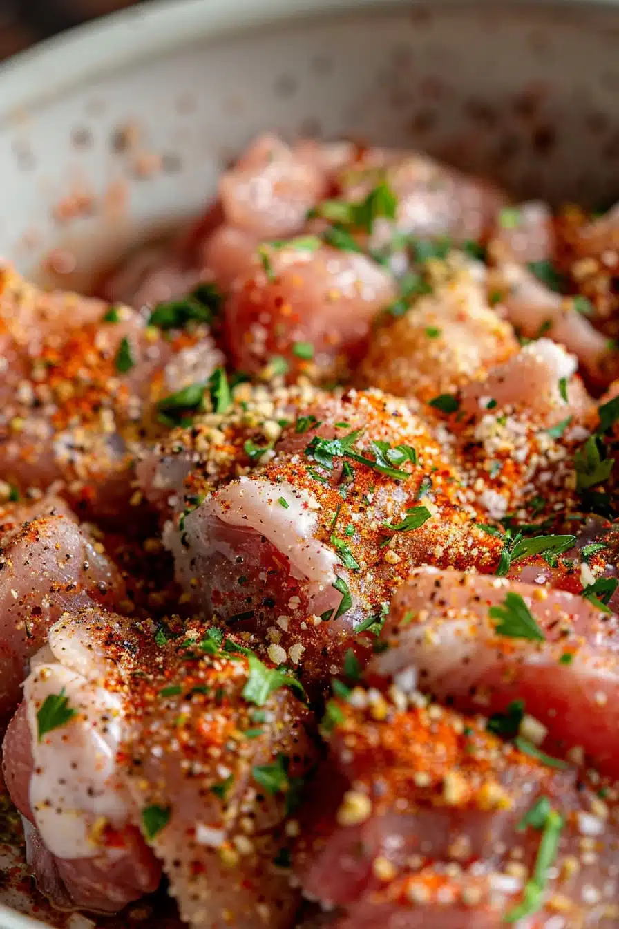 sticky-bbq-chicken-bake-1 Seasoned bone-in chicken thighs for sticky BBQ chicken bake in mixing bowl