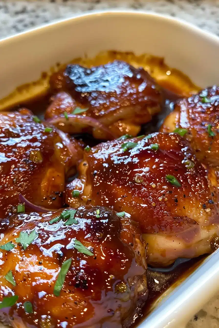sticky-bbq-chicken-bake-4 Sticky BBQ Chicken Bake fresh from the oven with rich caramelized glaze