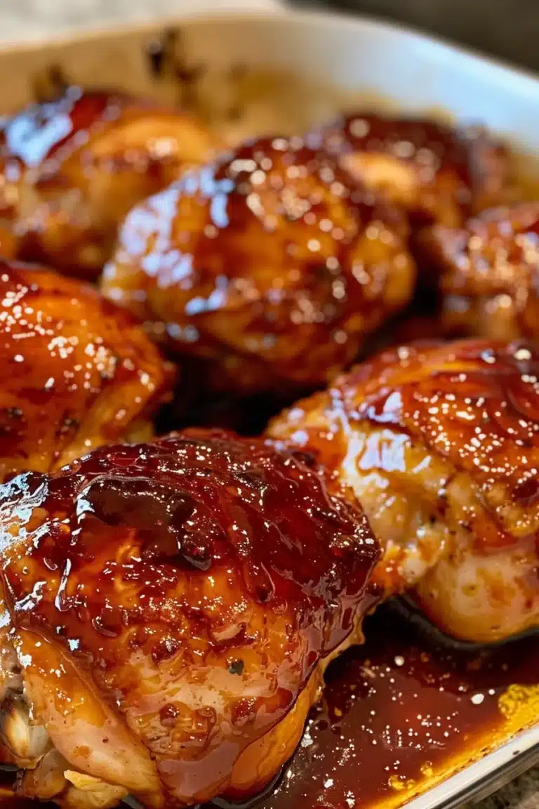 Sticky BBQ chicken bake in cast iron pan with thick glaze