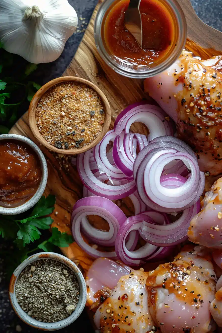 sticky-bbq-chicken-bake-ingredients Ingredients for sticky BBQ chicken bake including red onions and BBQ sauce